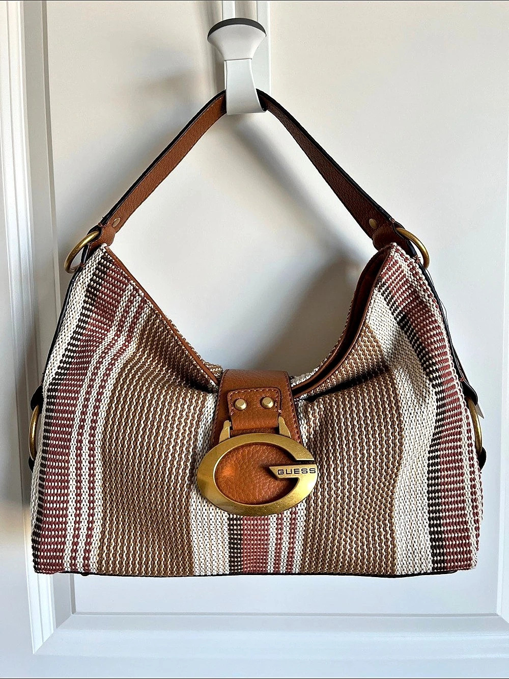 BNWT GUESS G Logo Shoulder Bag Striped Shoulder Bag in Brown & White
